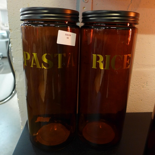 1332 - A set of rice and pasta amber glass storage jars - H 28cms (68429808)