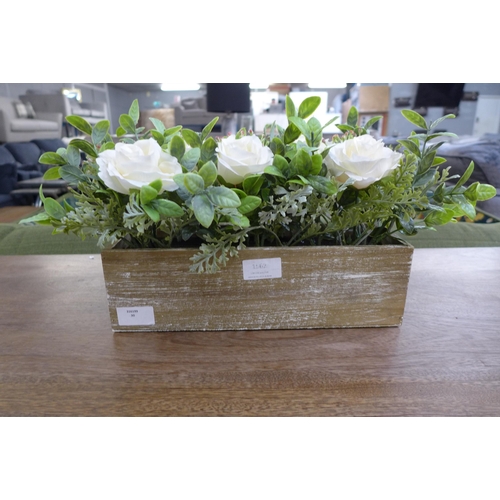 1562 - A display of white roses and leaves in a rustic wooden box - W 42cms (63087505)