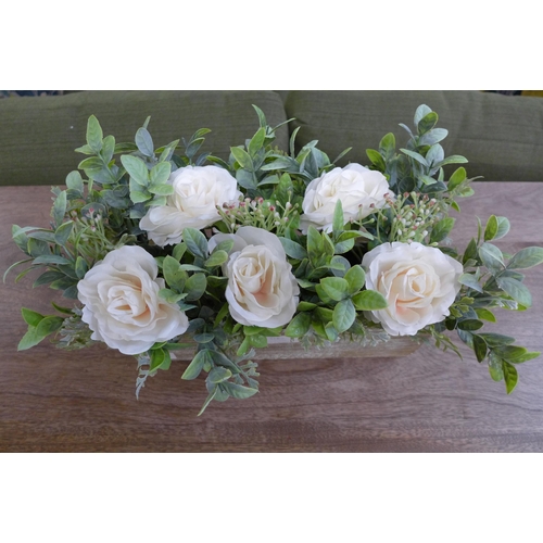 1562 - A display of white roses and leaves in a rustic wooden box - W 42cms (63087505)