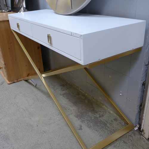 1629 - A white two drawer console table on gold legs - marked