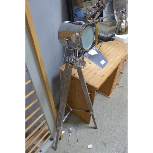 1630 - A chrome tripod standing floor lamp, a pair of silver anglepoise table lamp and black framed rectang... 