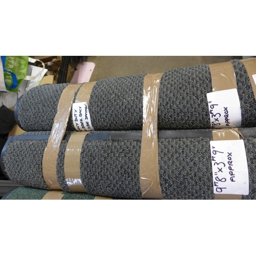 2208 - 2 Heavy duty grey dogtooth barrier mats, rubber back with edge damage, approx. 9ft 8