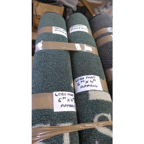 2209 - 2 Heavy duty green barrier mats with logo,  rubber/stipple back (unused), approx. 6ft x 4ft