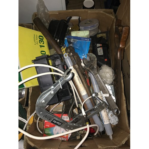 2122 - Mixed lot of DIY tools; car air/pollen filter, many SDS breaker pins/bits, various light bulbs, digi... 