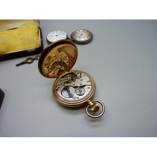 943 - Three pocket watches, one gold plated half-hunter, the movement marked Lanco, and two silver fob wat... 