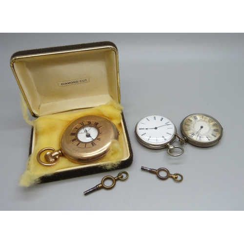 943 - Three pocket watches, one gold plated half-hunter, the movement marked Lanco, and two silver fob wat... 