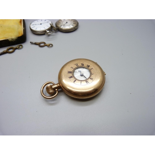 943 - Three pocket watches, one gold plated half-hunter, the movement marked Lanco, and two silver fob wat... 