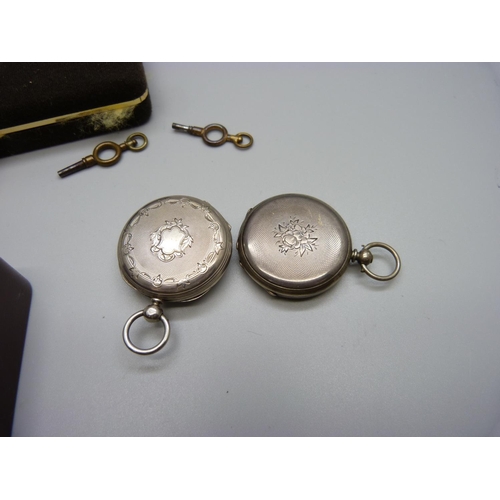 943 - Three pocket watches, one gold plated half-hunter, the movement marked Lanco, and two silver fob wat... 