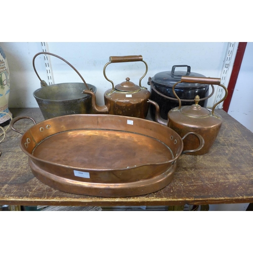 388 - Two Victorian copper kettles and tray, a brass jam pan and an enamelled cooking pot