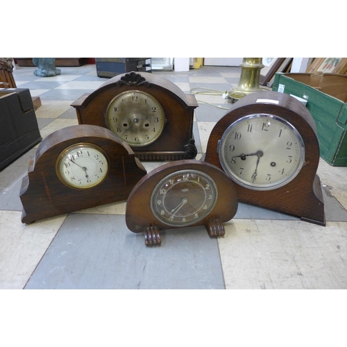 390 - Four Art Deco oak mantel clocks