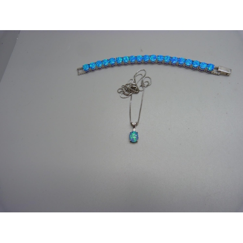 1002 - A silver and synthetic opal bracelet and a similar pendant with chain