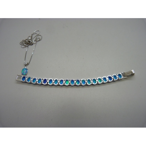 1002 - A silver and synthetic opal bracelet and a similar pendant with chain