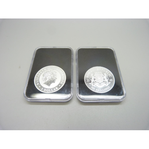 1014 - Two silver 1oz coins, (999 fine silver), 2014 Koala and 2015 Elephant