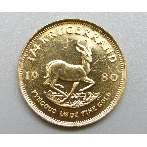 1019 - A 1980 gold quarter Krugerrand, 8.48g, uncirculated