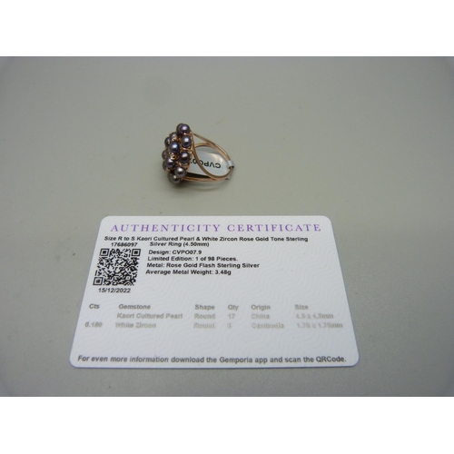 1093 - A silver gilt Kaori cultured pearl and zircon cluster ring, S, with certificate