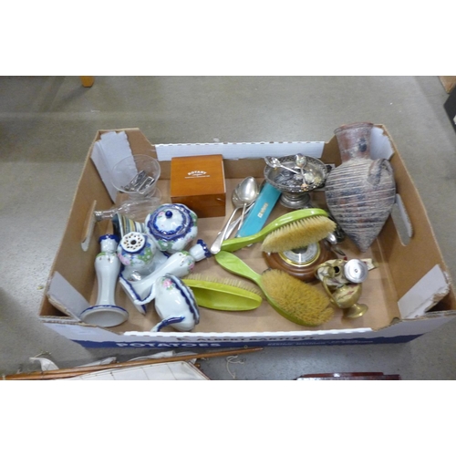 1103 - Assorted items; a model boat, mantel clock, china, barometer, etc. **PLEASE NOTE THIS LOT IS NOT ELI... 