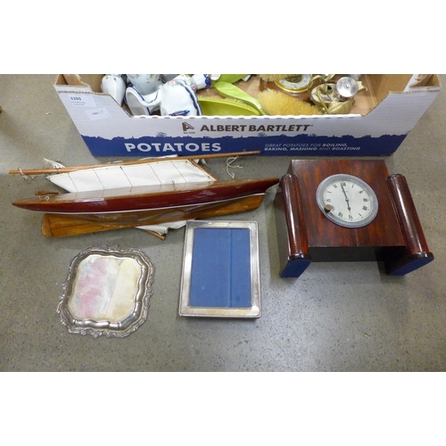 1103 - Assorted items; a model boat, mantel clock, china, barometer, etc. **PLEASE NOTE THIS LOT IS NOT ELI... 