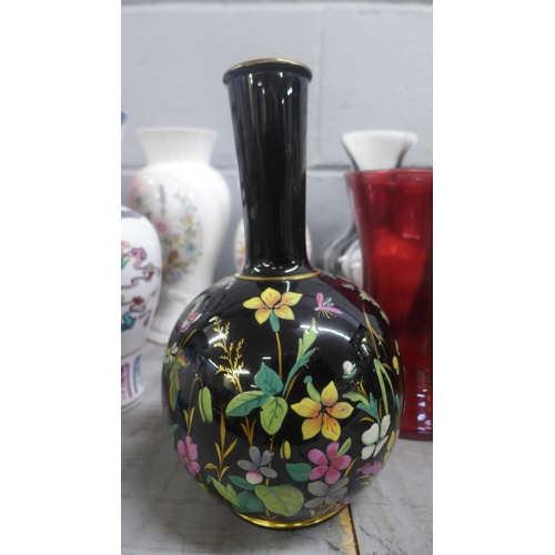 1127 - A black and enamel vase decorated with flowers, glass vases, etc.**PLEASE NOTE THIS LOT IS NOT ELIGI... 