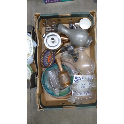 1142 - Three boxes of assorted items including Chinese ceramics, an oil lamp, four chemist's bottles, etc.*... 