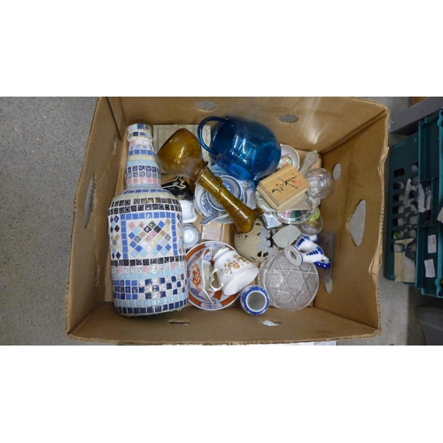 1142 - Three boxes of assorted items including Chinese ceramics, an oil lamp, four chemist's bottles, etc.*... 