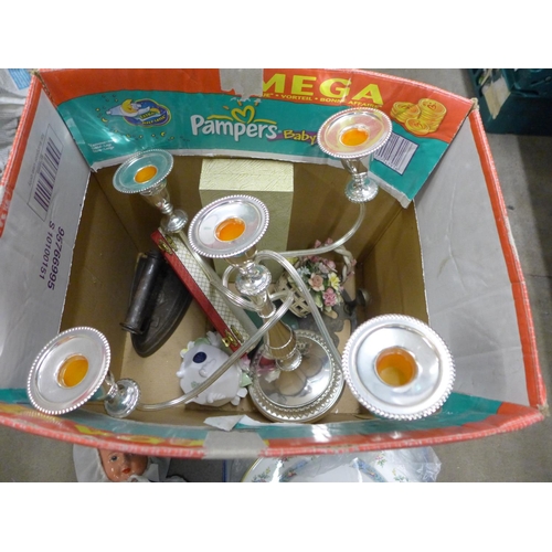 1148 - Assorted items:- a plated candelabra, a doll, boxed plated ware, china, etc.**PLEASE NOTE THIS LOT I... 