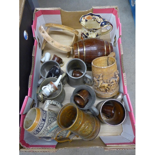 1158 - Two boxes of assorted items, porcelain figures, pewter jugs, Bell & Howell cine camera, etc.**PLEASE... 