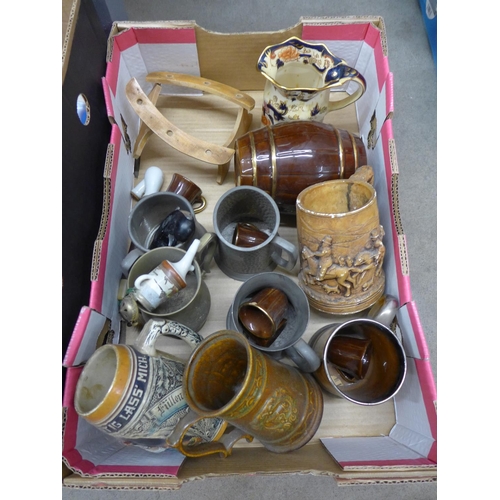 1158 - Two boxes of assorted items, porcelain figures, pewter jugs, Bell & Howell cine camera, etc.**PLEASE... 