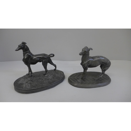 606 - Two spelter figures of whippet dogs on oval bases, tallest 11cm