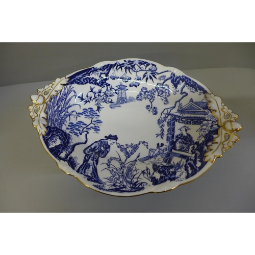 608 - A Royal Crown Derby Mikado pattern blue and white and gilt decorated oval comport, a/f