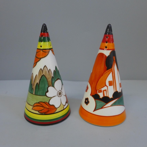 625 - Two Wedgwood Clarice Cliff Bizarre shakers, both a/f