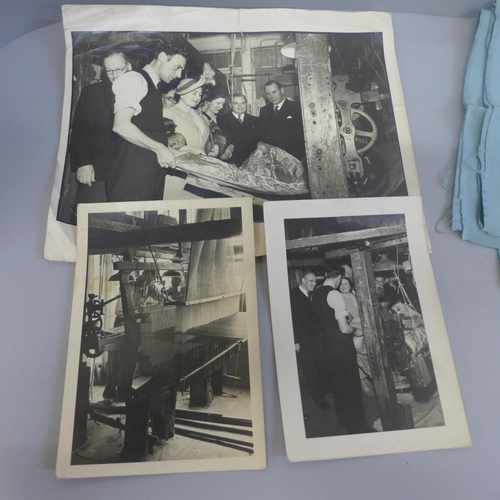 631 - Two curtain material samples with three factory photographs, two including Queen Elizabeth, one date... 