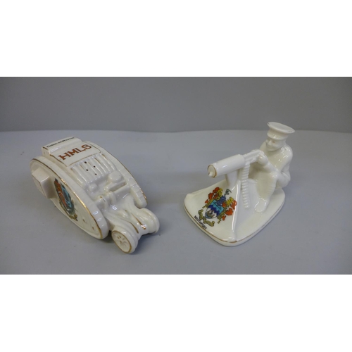 633 - Two items of crested china, a WWI tank and Tommy with machine gun