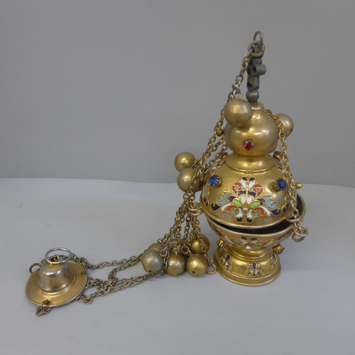 654 - A hanging censer with enamel detail