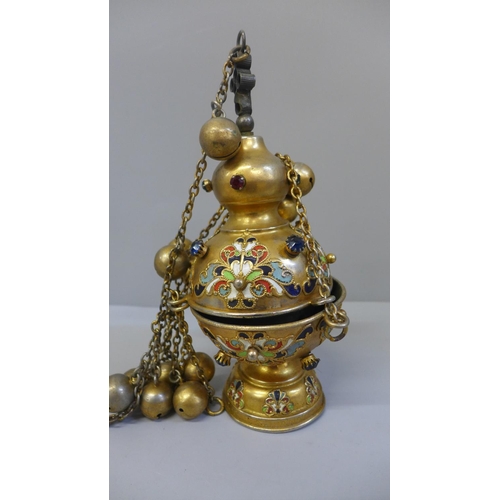 654 - A hanging censer with enamel detail