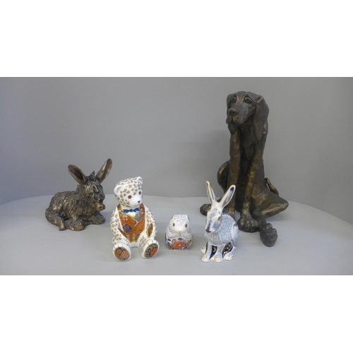 672 - Three Royal Crown Derby paperweights, Starlight Hare with gold stopper, Poppy Mouse and Teddy, with ... 