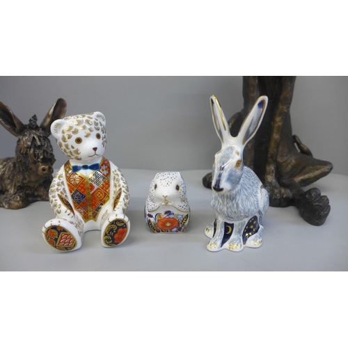 672 - Three Royal Crown Derby paperweights, Starlight Hare with gold stopper, Poppy Mouse and Teddy, with ... 