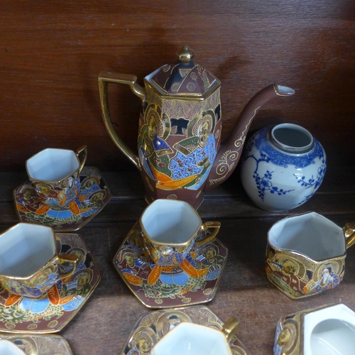 677 - A Japanese Samurai tea set, sugar pot lacking lid, a Chinese ginger jar lacking lid and three items ... 