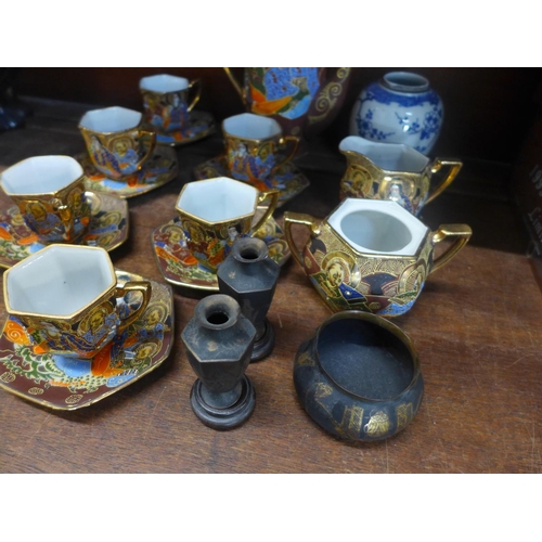 677 - A Japanese Samurai tea set, sugar pot lacking lid, a Chinese ginger jar lacking lid and three items ... 