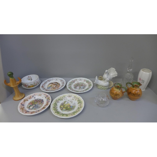 691 - A set of four Brambly Hedge plates and other china and glass