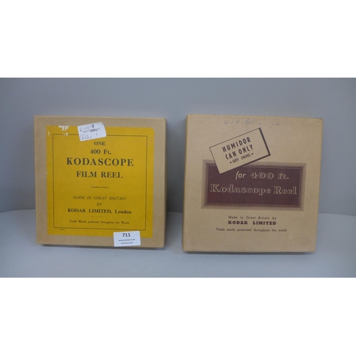 711 - Two Kodascope 400ft 16mm film reels; one of an American Tour taken in 1936 and another spare reel