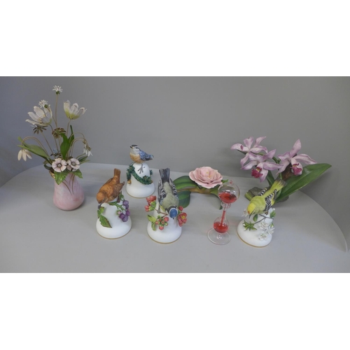 713 - Franklin porcelain songbird bells and Staffordshire flower displays