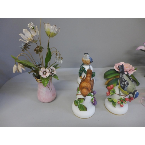 713 - Franklin porcelain songbird bells and Staffordshire flower displays