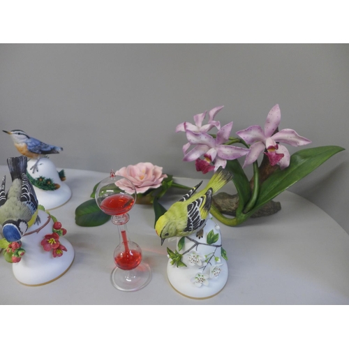 713 - Franklin porcelain songbird bells and Staffordshire flower displays