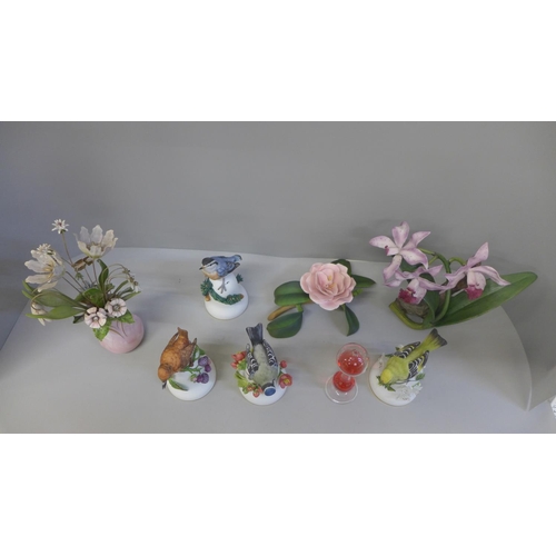 713 - Franklin porcelain songbird bells and Staffordshire flower displays