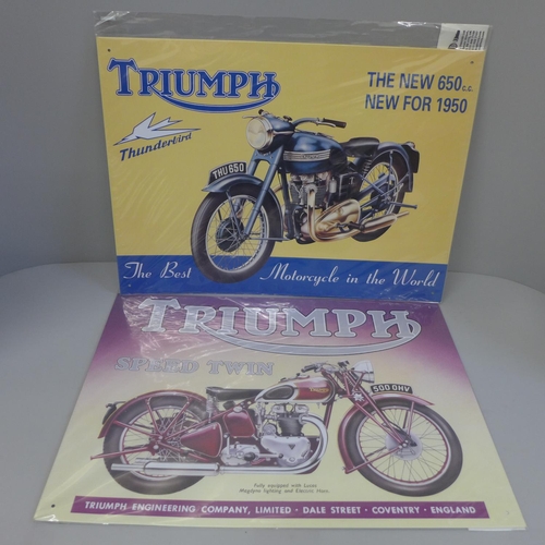 731 - Two metal Triumph motorcycle signs, 31 x 41cm