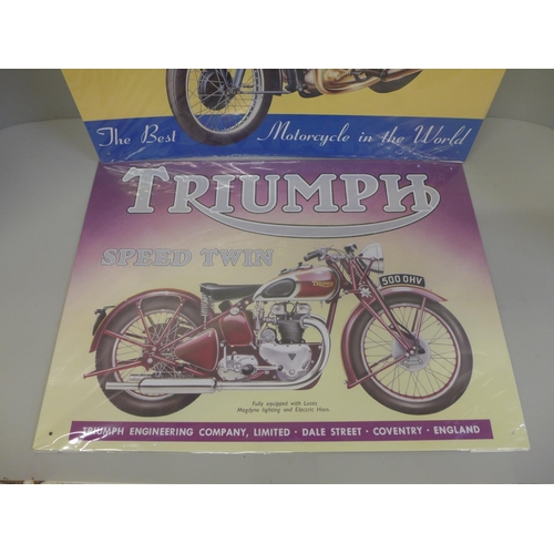 731 - Two metal Triumph motorcycle signs, 31 x 41cm