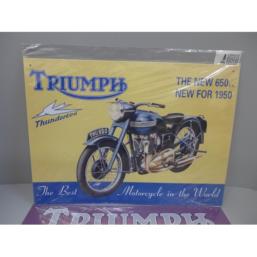 731 - Two metal Triumph motorcycle signs, 31 x 41cm