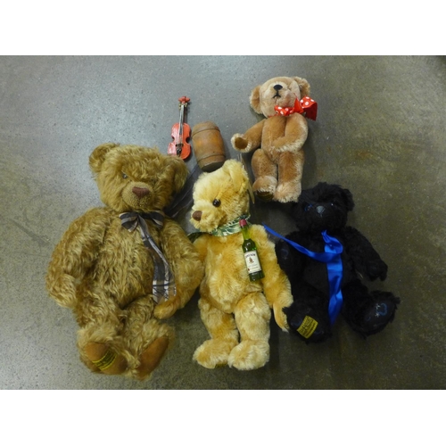 734 - Four mohair Merrythought Teddy bears, one signed on one foot