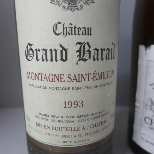 813 - Three vintage red wines:- Chateau Grand Barail Montagne Saint-Emilion 1993, Chateauneuf-Du-Pape Doma... 