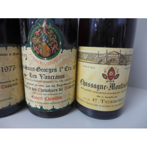 816 - Three bottles of 1977 Nuits-Saint-George (two Robert Chevillon and one Pierre Laforest) and two Chas... 